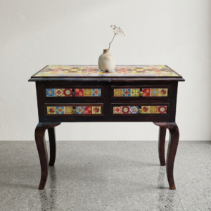 Artisanal Heritage Console Table with Multi-Color Tile Inlay
