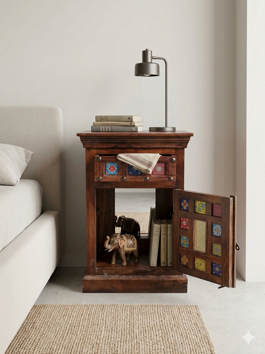 Handcrafted Bedside Cabinet with Multi-Color Tile Inlays - Image 2