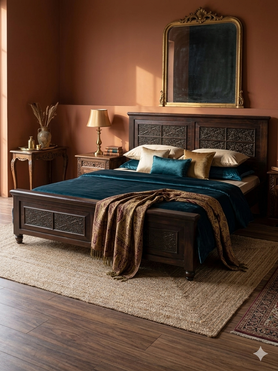 Solid Wood Carved Bed Frame (210x190cm)