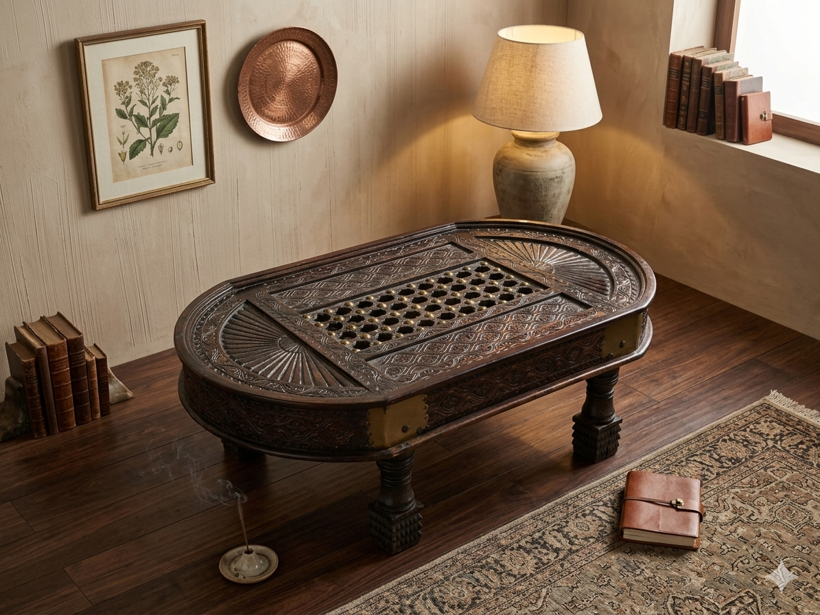 Hand-Carved Artisan Coffee Table with Brass Inlay