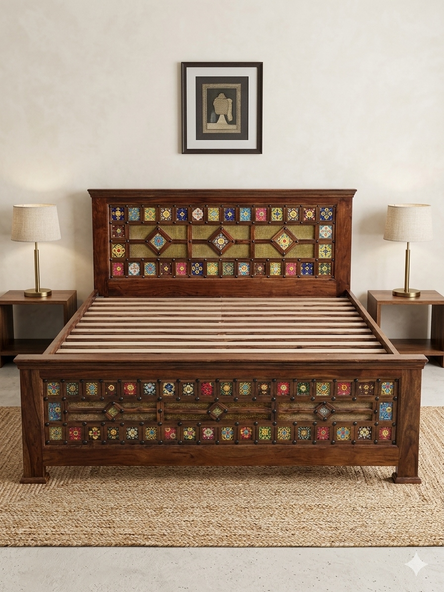 Handcrafted Bed with Multi-Color Ceramic Tile Inlays - Image 4