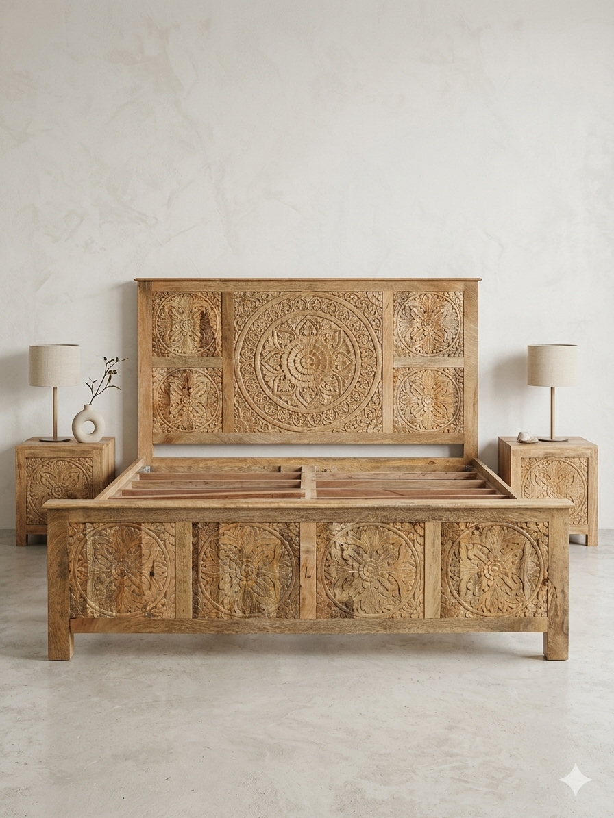 Hand-Carved Mango Wood Mandala Bedroom Set - Image 3