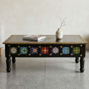 Hand-Painted Tile & Brass Inlay Coffee Table