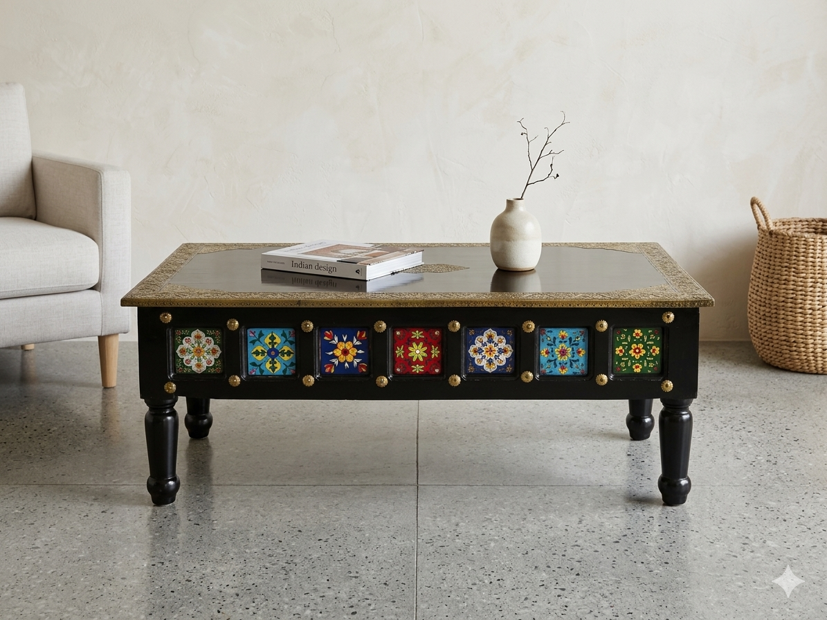 Hand-Painted Tile & Brass Inlay Coffee Table