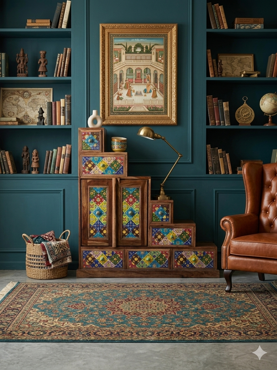 Artisanal Multi-Tier Step Cabinet with Hand-Painted Ceramic Tiles - Image 2