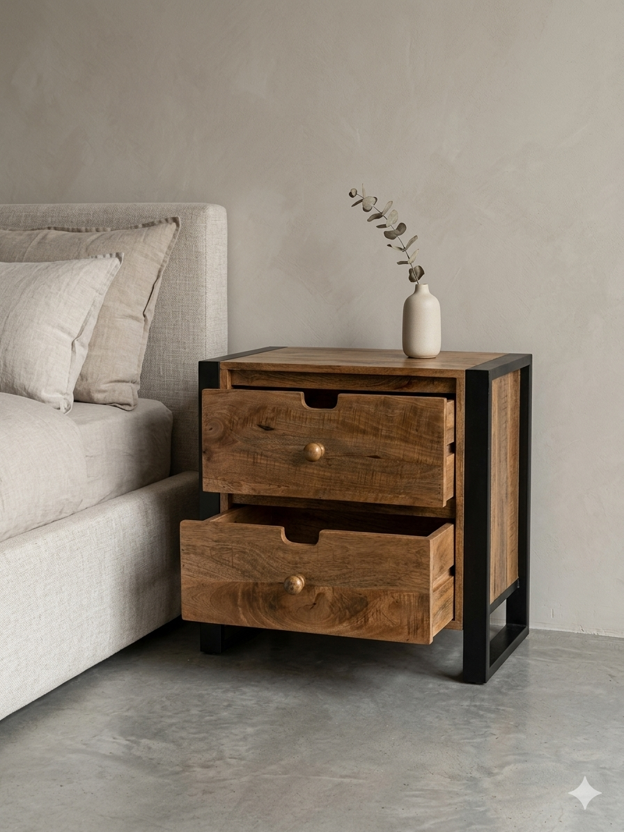 Mango Wood 2-Drawer Bedside with Matte Black Frame - Image 2
