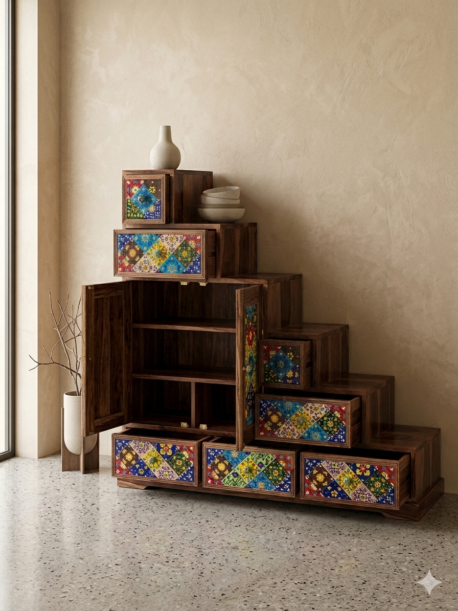 Artisanal Multi-Tier Step Cabinet with Hand-Painted Ceramic Tiles - Image 4