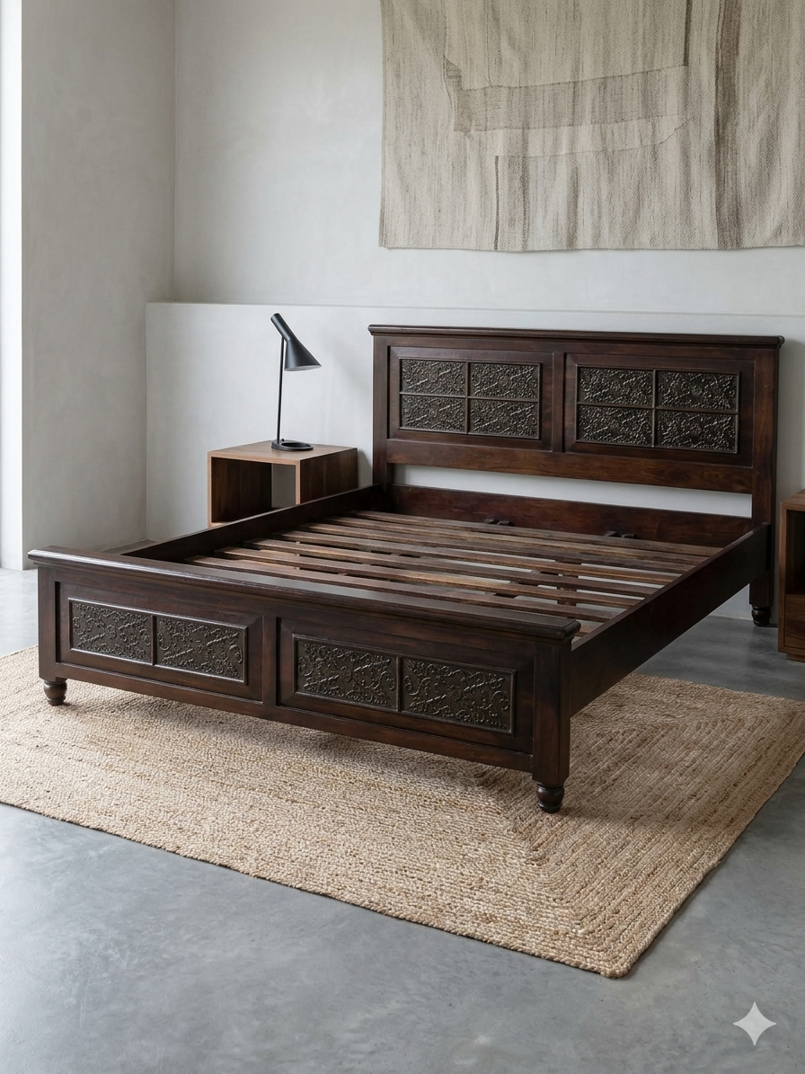 Solid Wood Carved Bed Frame (210x190cm) - Image 3
