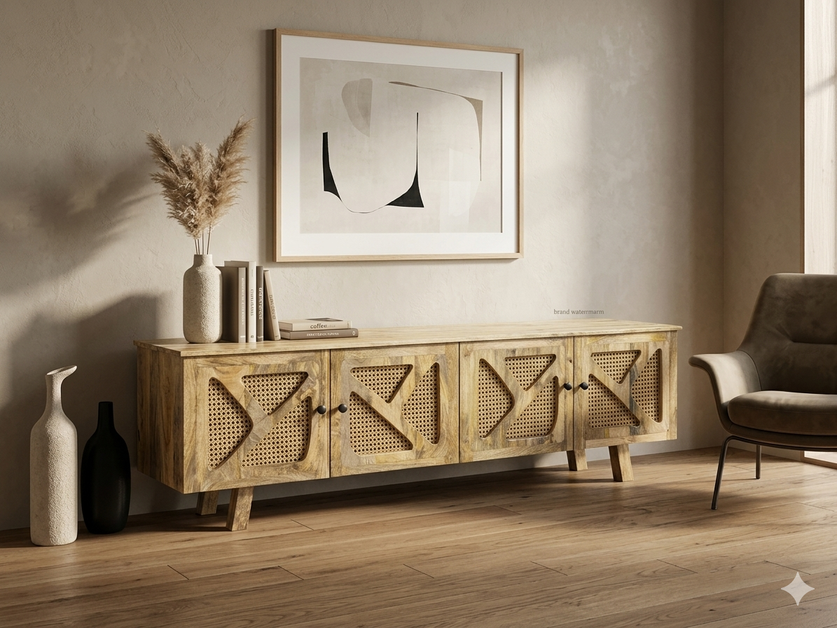 Handcrafted Mango Wood & Rattan TV Unit - Image 4