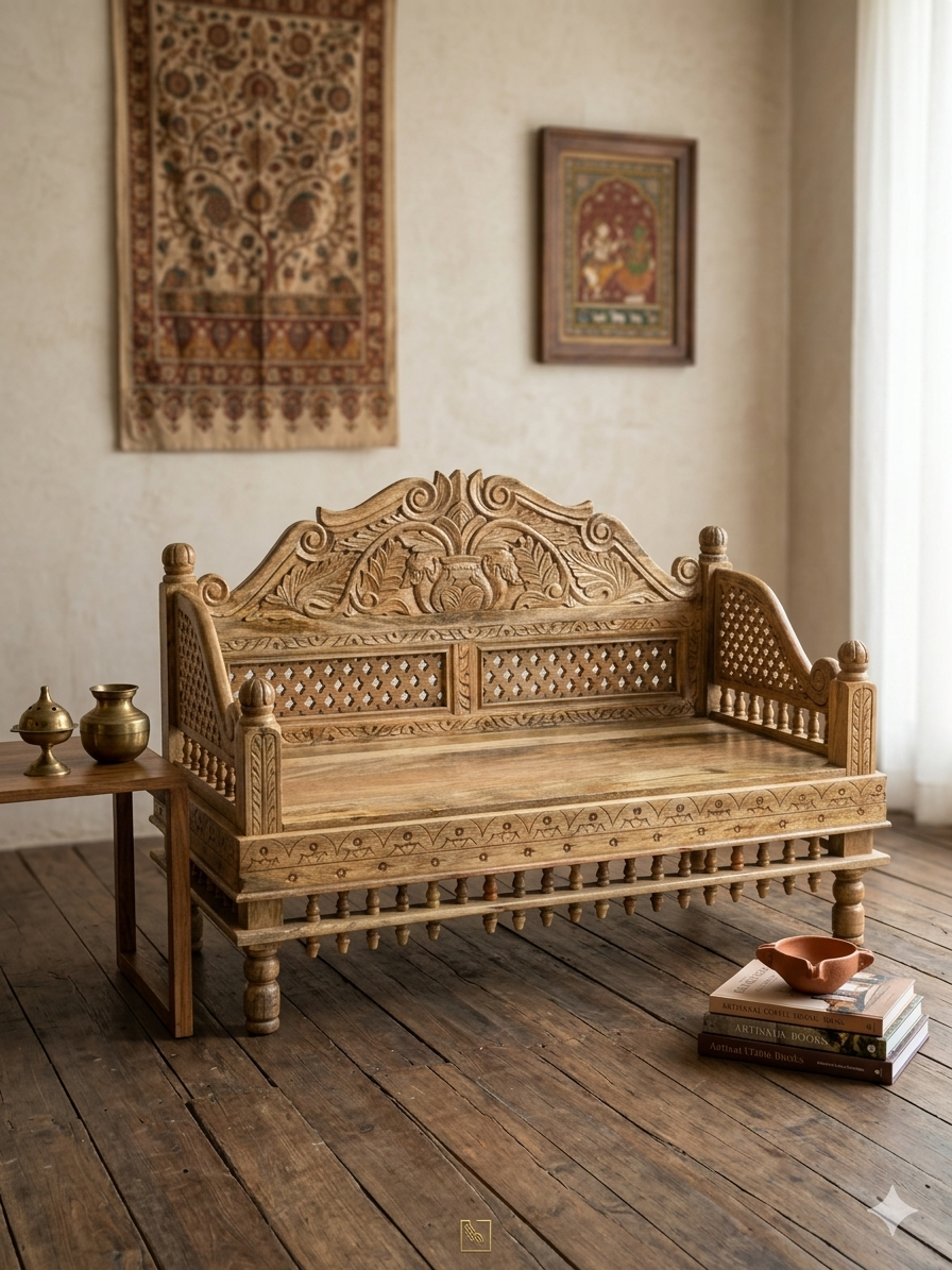 Antique-Style Hand-Carved Mango Wood 2-Seater Sofa - Image 2