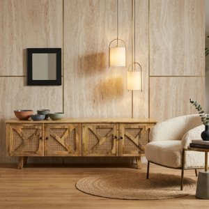 Handcrafted Mango Wood & Rattan TV Unit