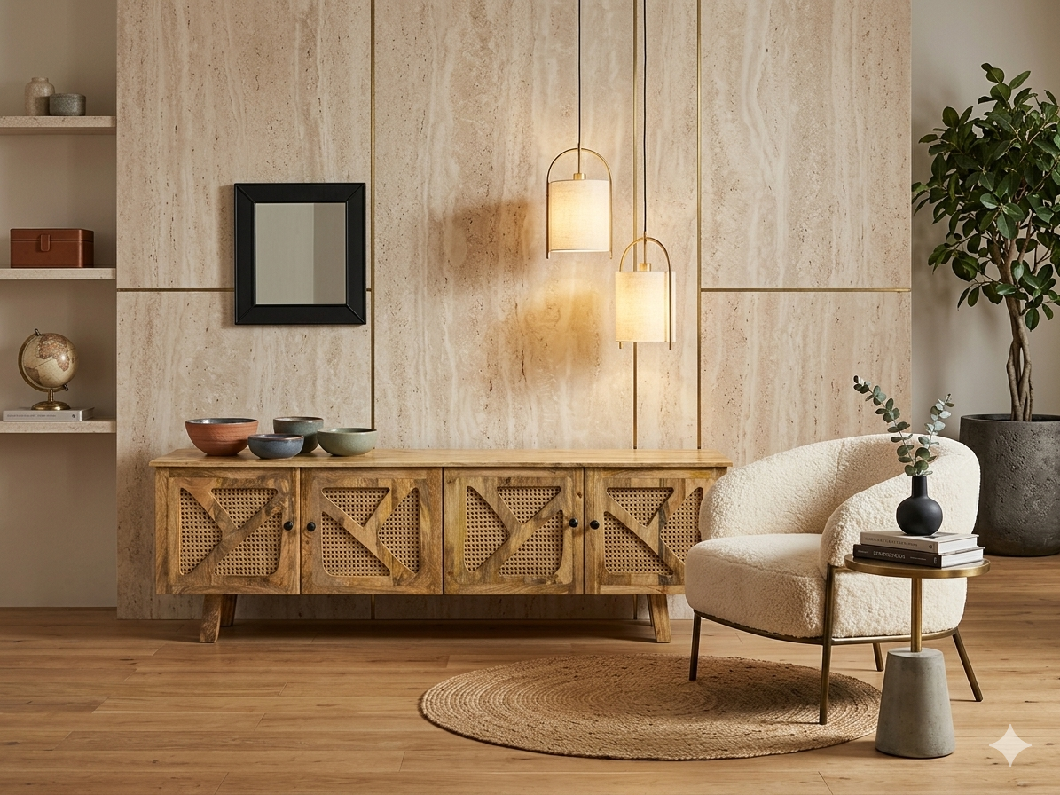 Handcrafted Mango Wood & Rattan TV Unit