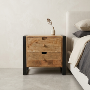 Mango Wood 2-Drawer Bedside with Matte Black Frame