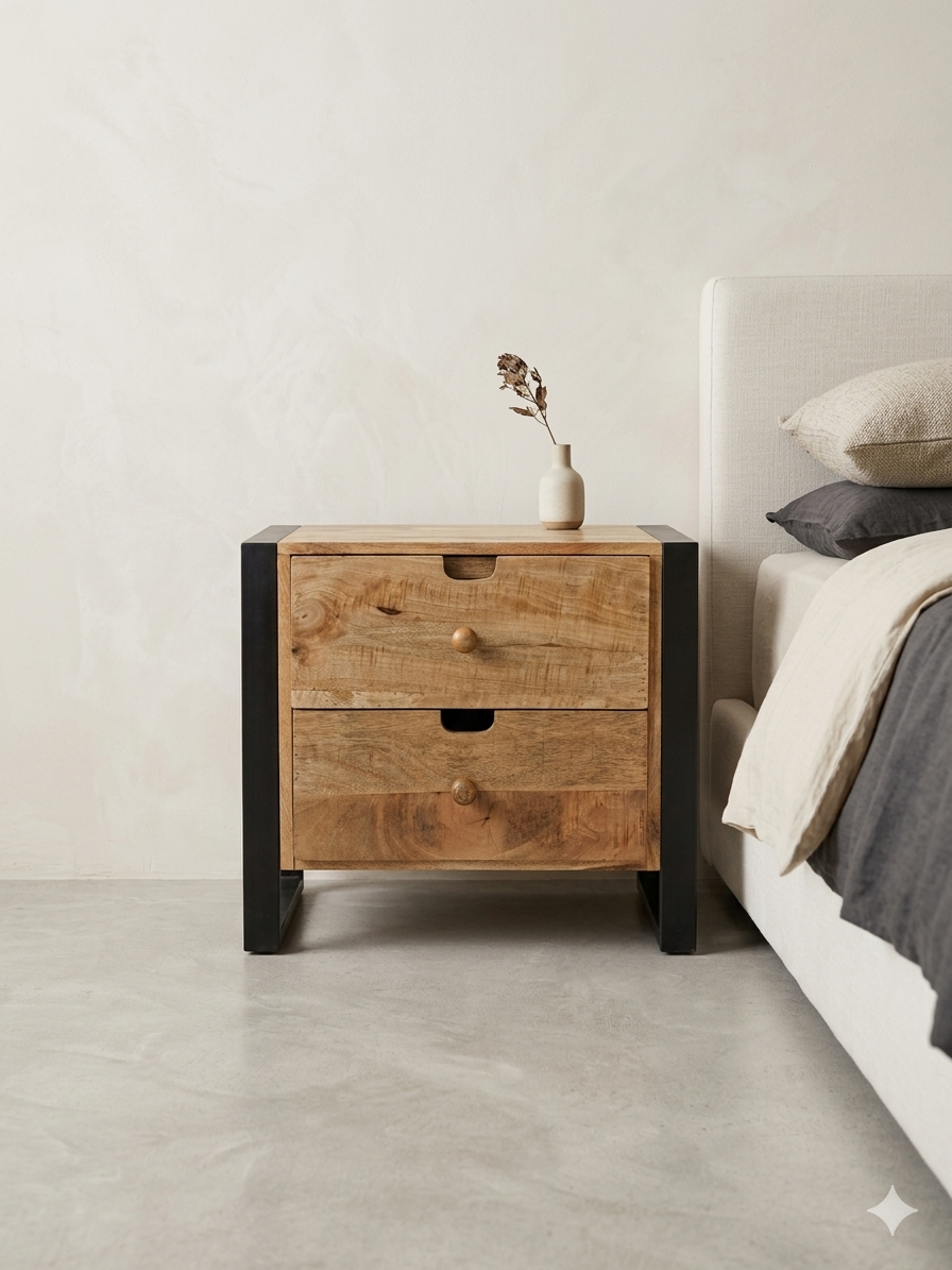 Mango Wood 2-Drawer Bedside with Matte Black Frame