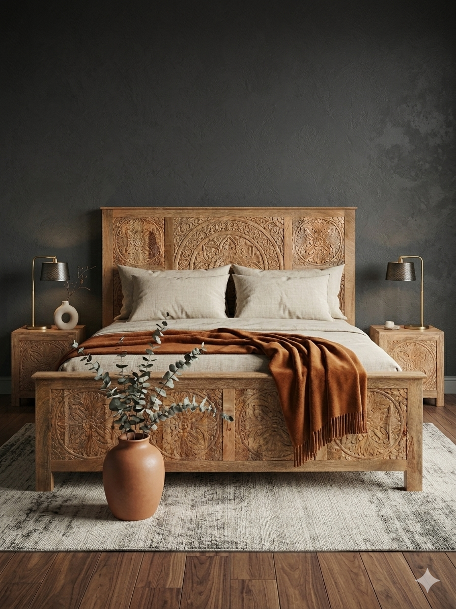 Hand-Carved Mango Wood Mandala Bedroom Set
