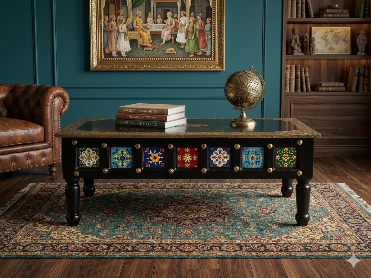 Hand-Painted Tile & Brass Inlay Coffee Table - Image 2