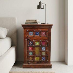 Handcrafted Bedside Cabinet with Multi-Color Tile Inlays