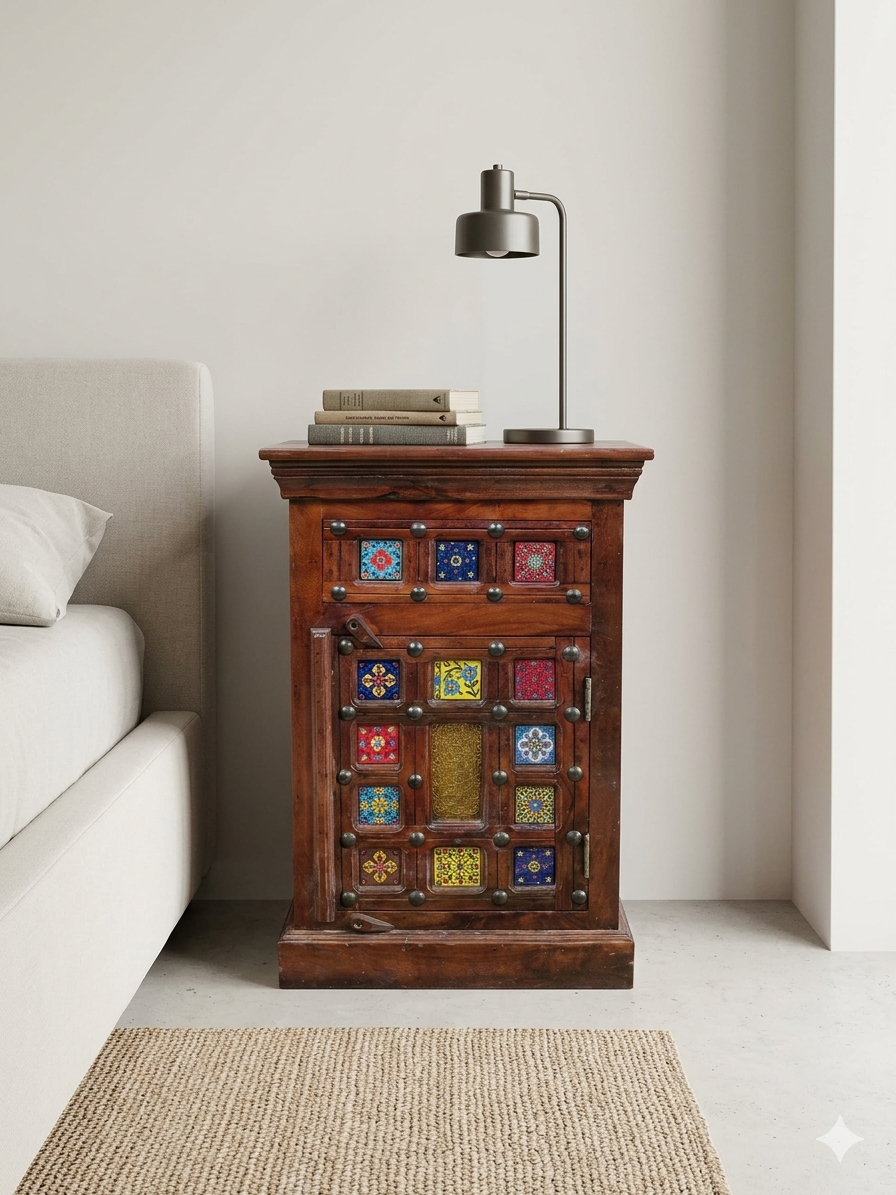Handcrafted Bedside Cabinet with Multi-Color Tile Inlays