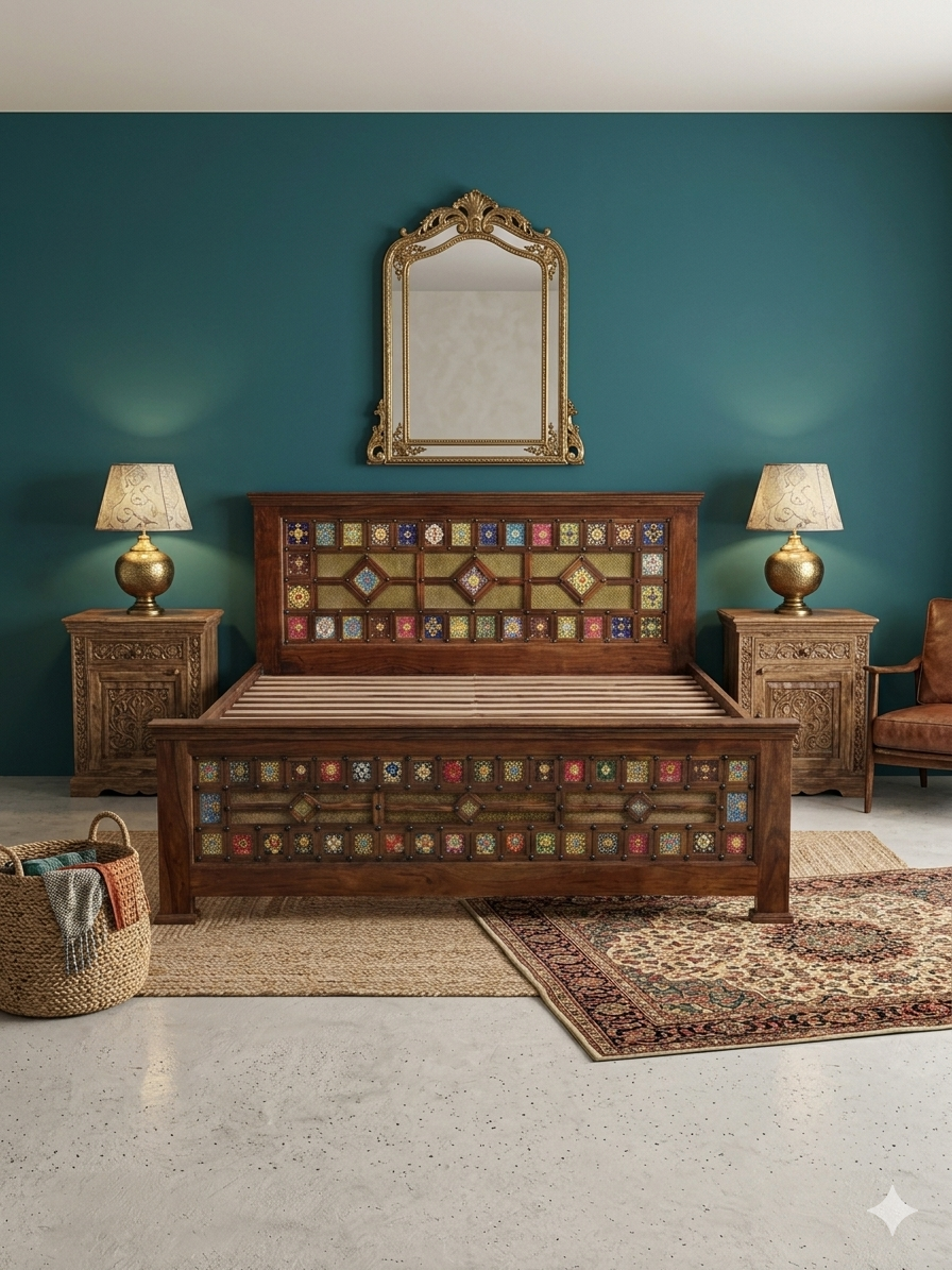 Handcrafted Bed with Multi-Color Ceramic Tile Inlays - Image 2