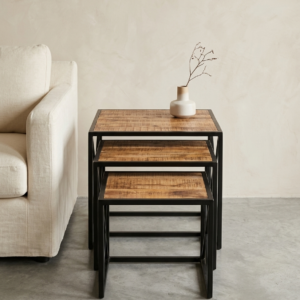 Industrial Mango Wood Nested Side Table Set (Set of 3)
