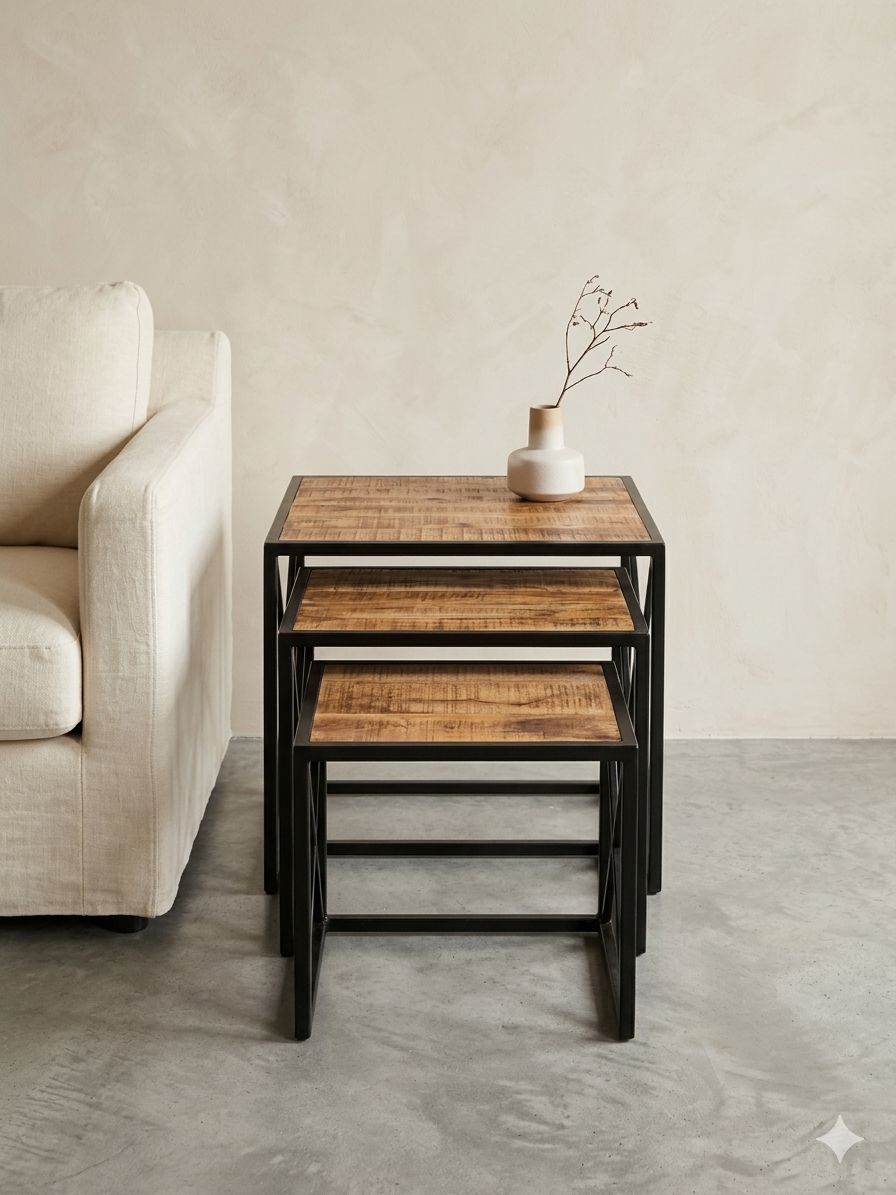 Industrial Mango Wood Nested Side Table Set (Set of 3)