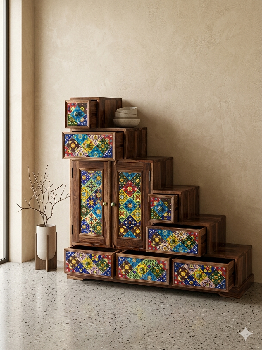 Artisanal Multi-Tier Step Cabinet with Hand-Painted Ceramic Tiles - Image 3