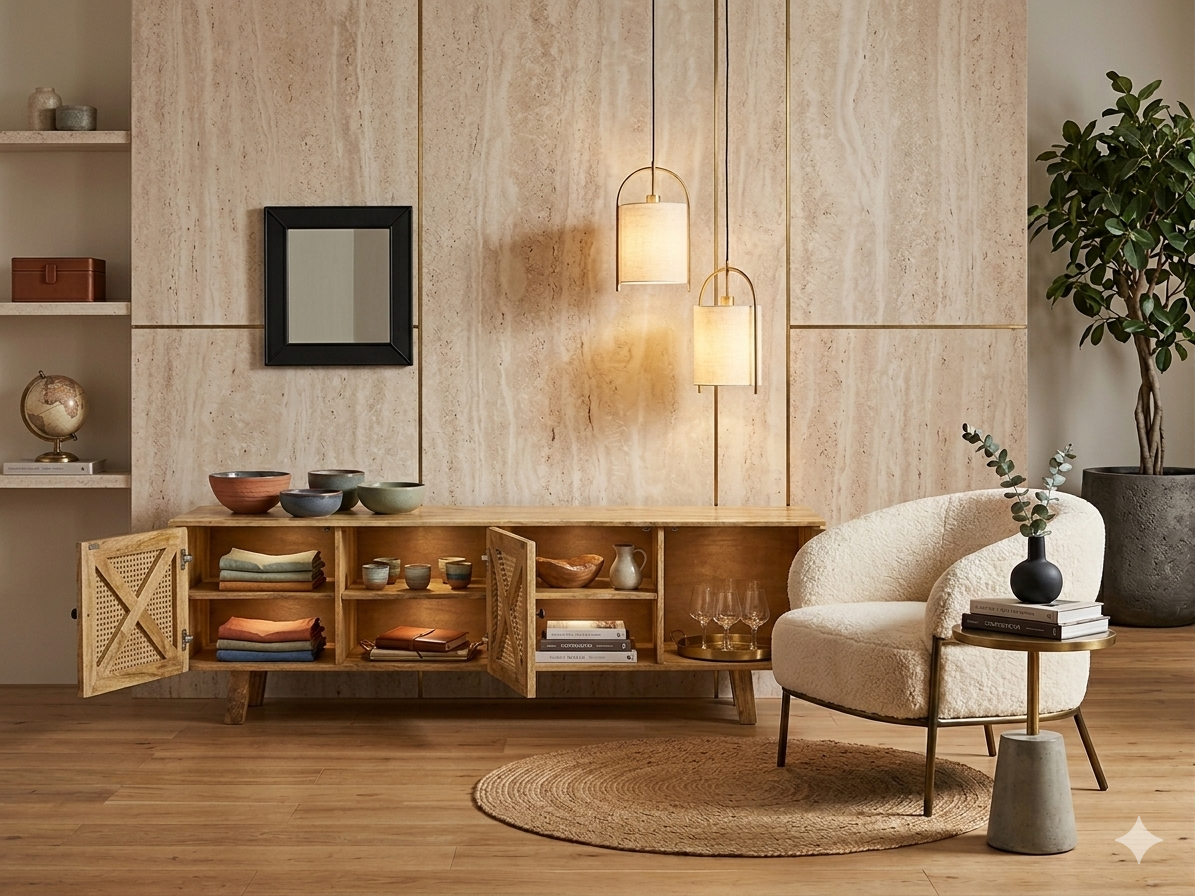 Handcrafted Mango Wood & Rattan TV Unit - Image 3