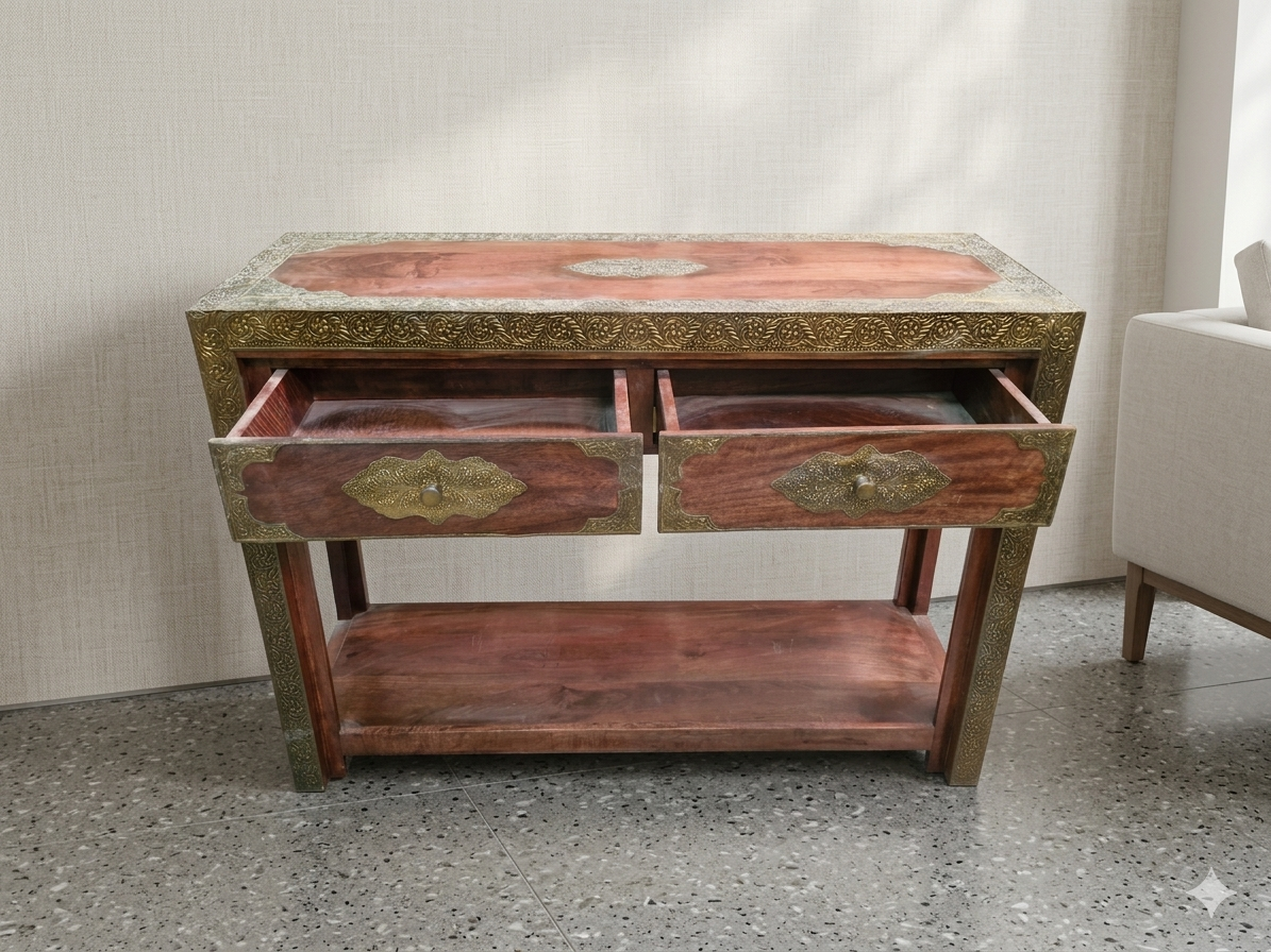 Antique Brass Embossed Solid Wood Console Table - Image 3