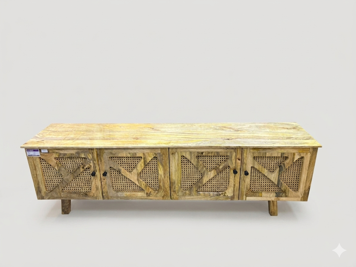 Handcrafted Mango Wood & Rattan TV Unit - Image 2