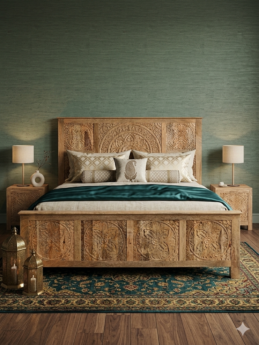Hand-Carved Mango Wood Mandala Bedroom Set - Image 2