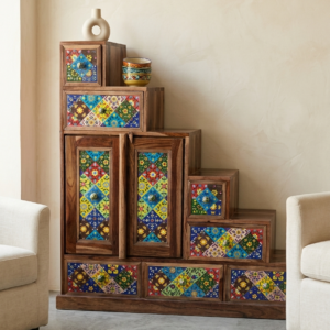 Artisanal Multi-Tier Step Cabinet with Hand-Painted Ceramic Tiles