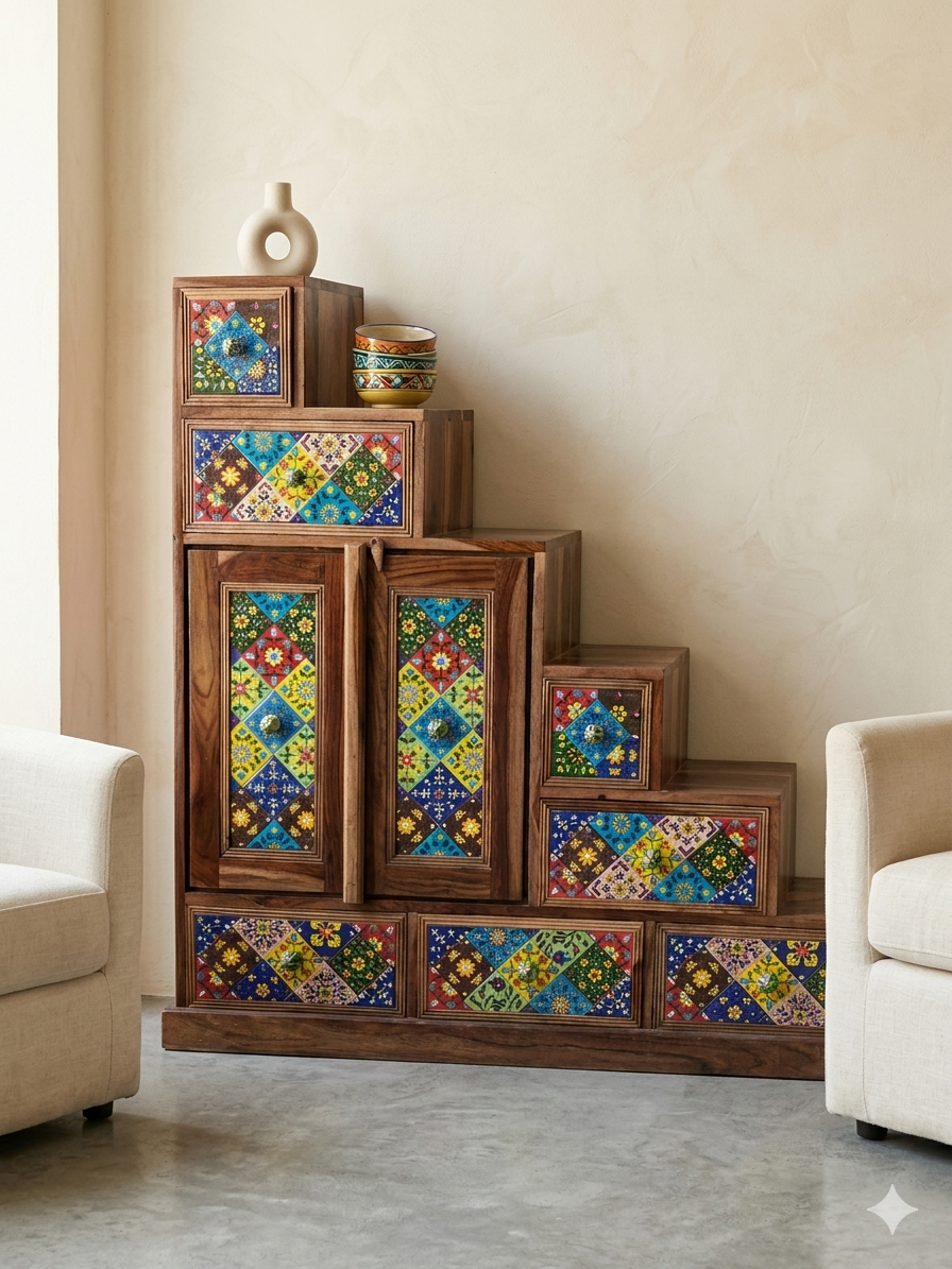 Artisanal Multi-Tier Step Cabinet with Hand-Painted Ceramic Tiles