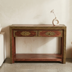 Antique Brass Embossed Solid Wood Console Table