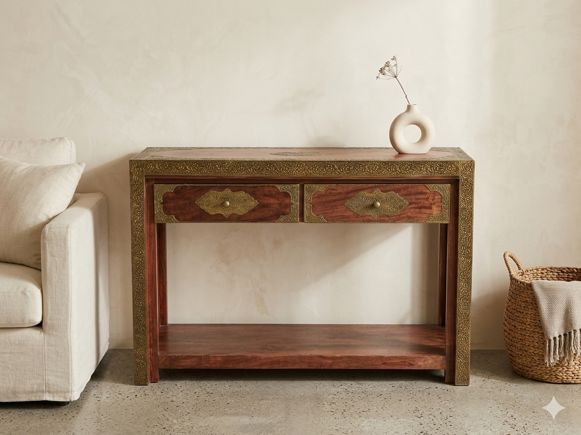 Antique Brass Embossed Solid Wood Console Table