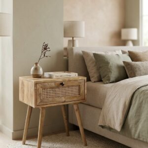 Scandi-Modern Mango Wood Bedside Table with Rattan Detail
