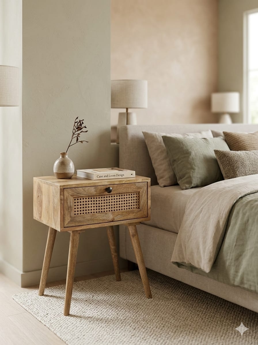 Scandi-Modern Mango Wood Bedside Table with Rattan Detail