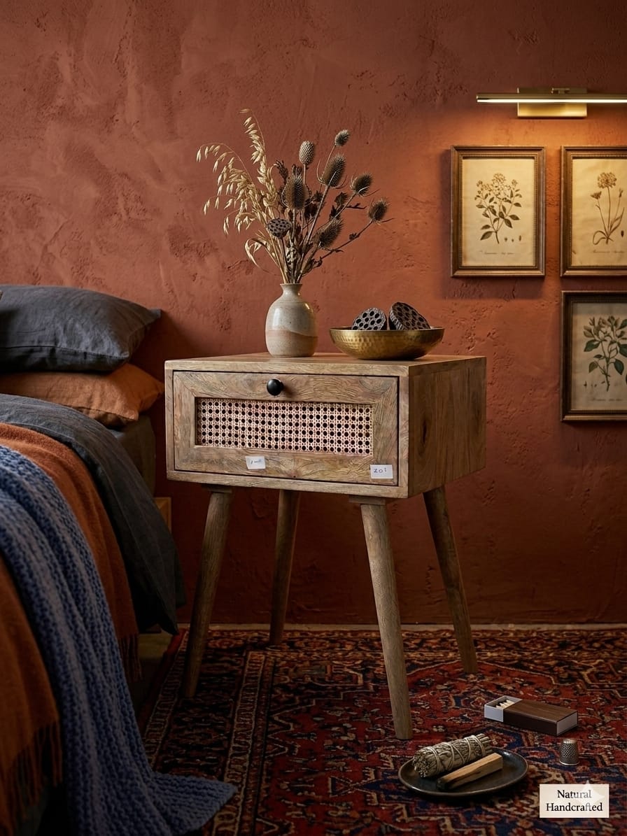Scandi-Modern Mango Wood Bedside Table with Rattan Detail - Image 5