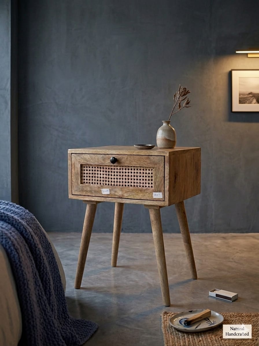 Scandi-Modern Mango Wood Bedside Table with Rattan Detail - Image 4