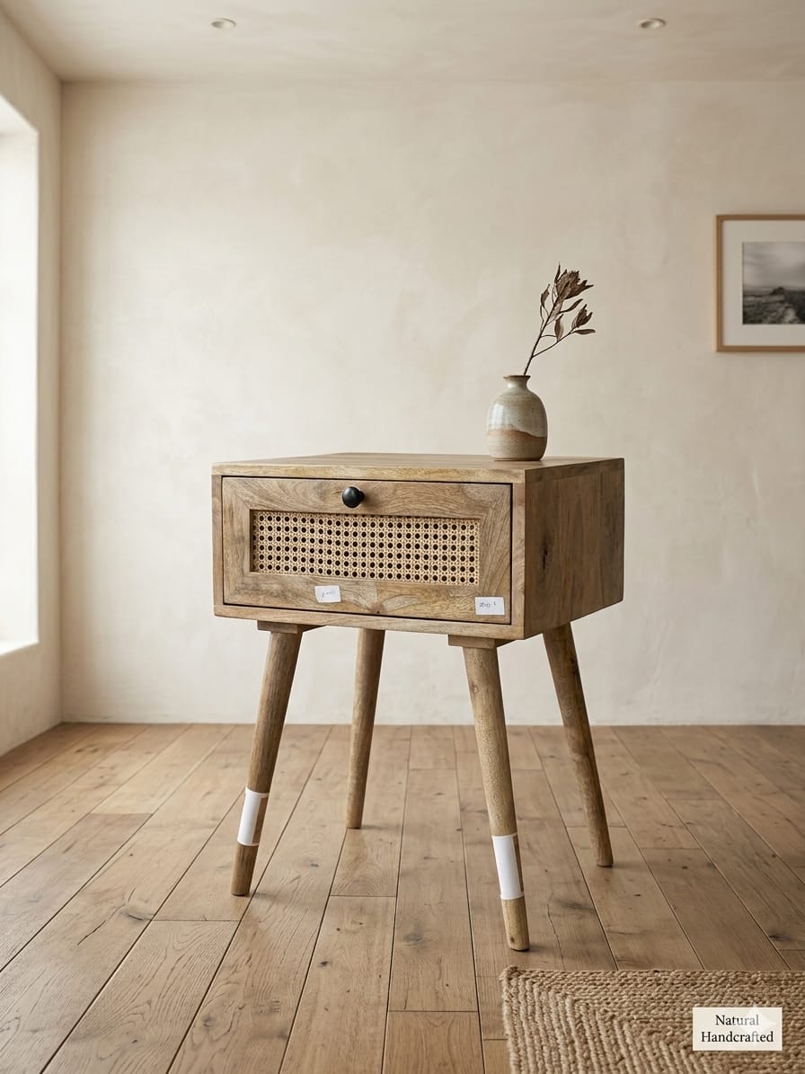 Scandi-Modern Mango Wood Bedside Table with Rattan Detail - Image 3
