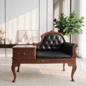 Solid Wood Telephone Bench with Tufted Leather Seating