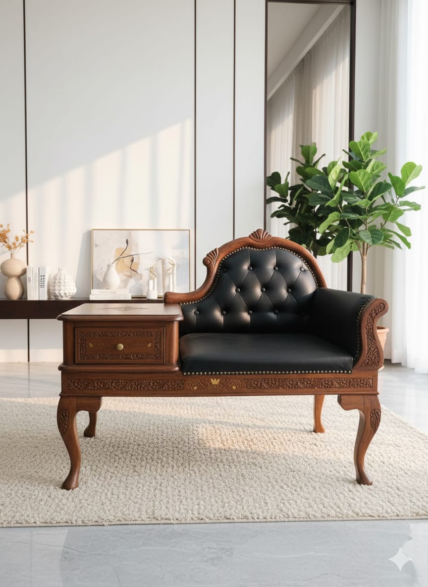 Solid Wood Telephone Bench with Tufted Leather Seating