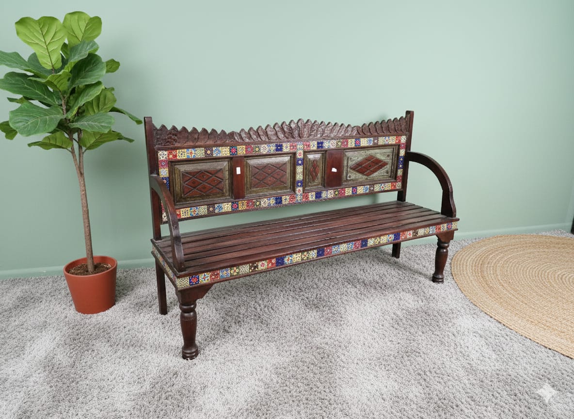 Vintage Artisan Hand-Painted 3-Seater Bench