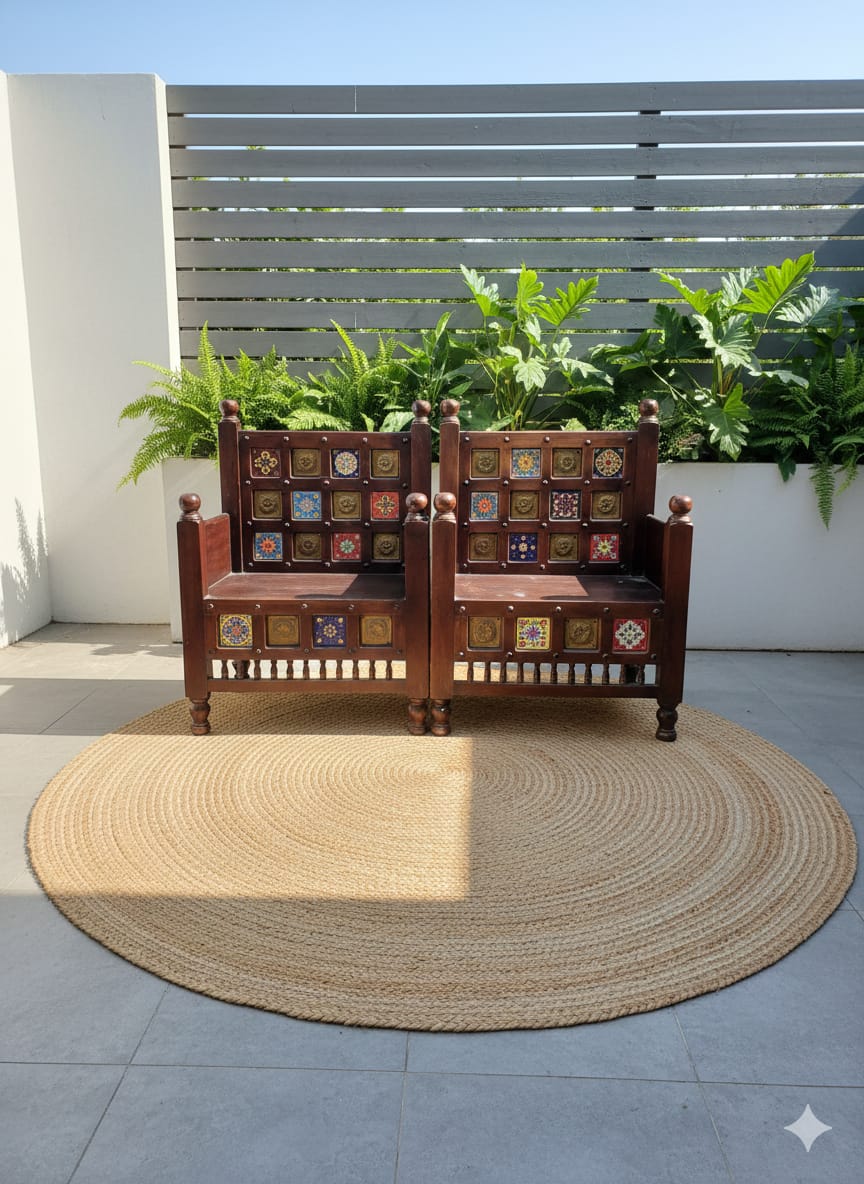 Handcrafted Solid Wood Tile-Work Armchair Set - Image 2