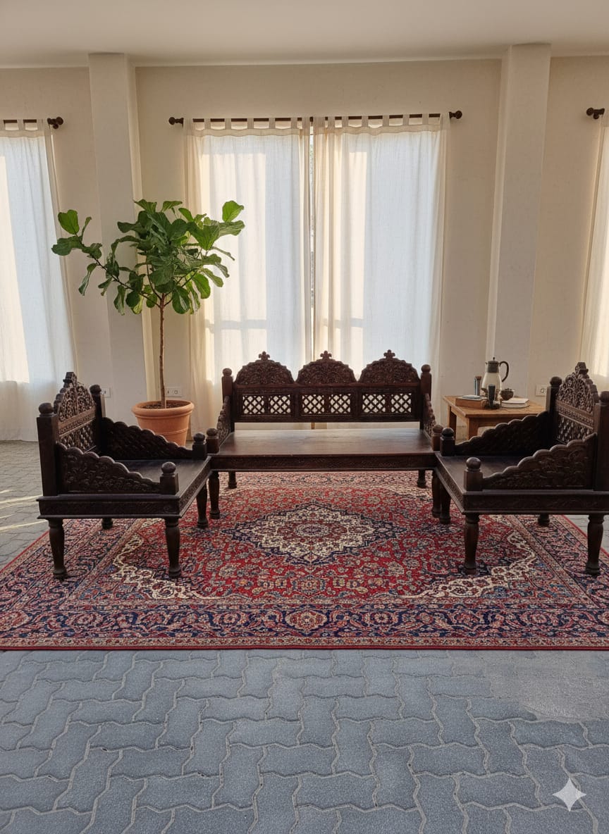 Regal Majlis-Style Hand-Carved Solid Wood Sofa Set(3+1+1)