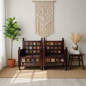 Handcrafted Solid Wood Tile-Work Armchair Set