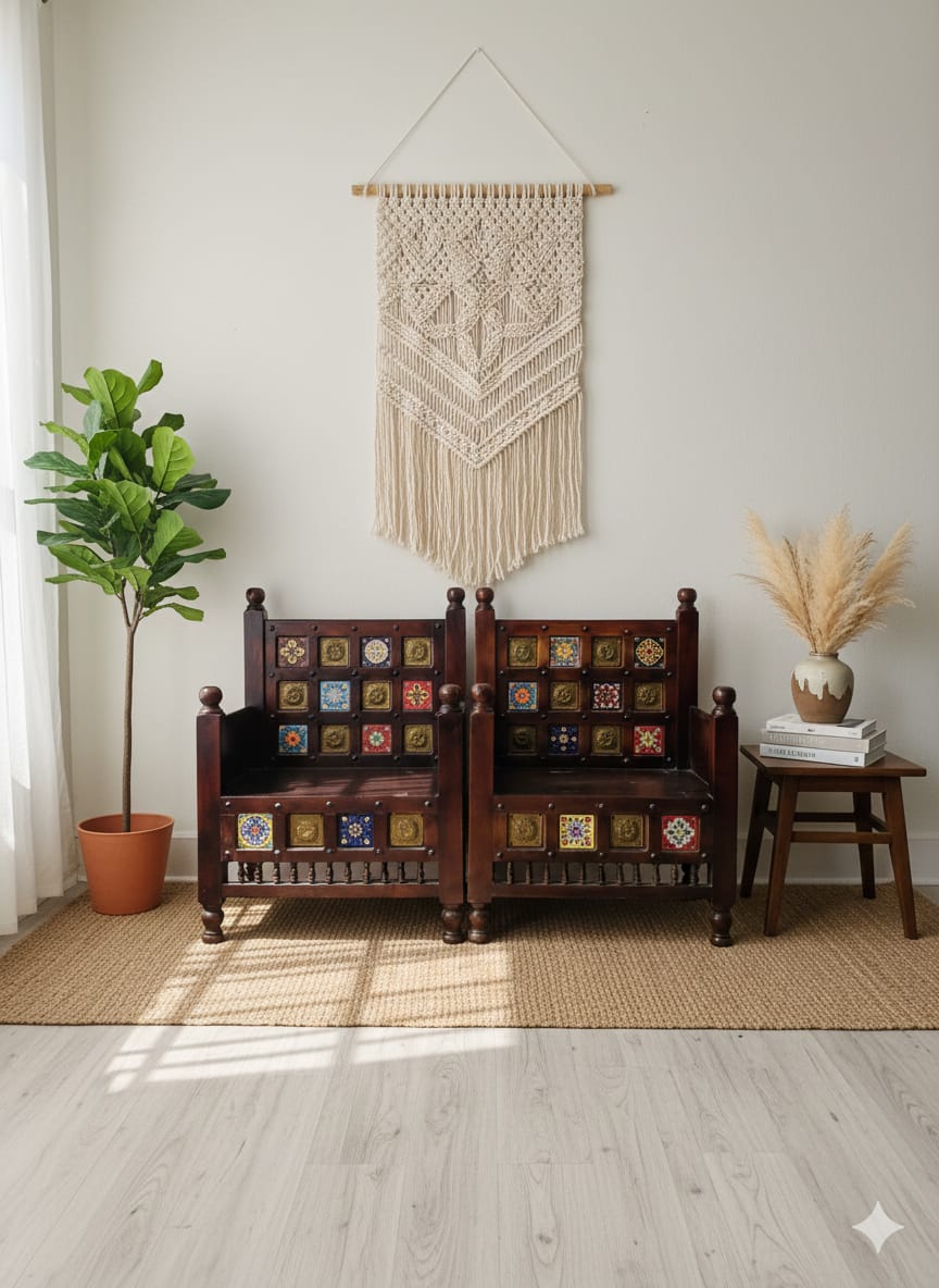 Handcrafted Solid Wood Tile-Work Armchair Set