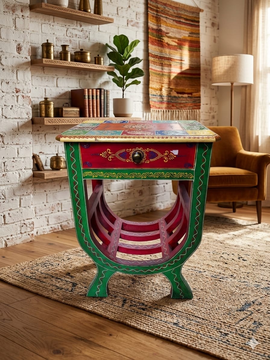 Hand-Painted Bohemian Accent Bedside Table - Image 2