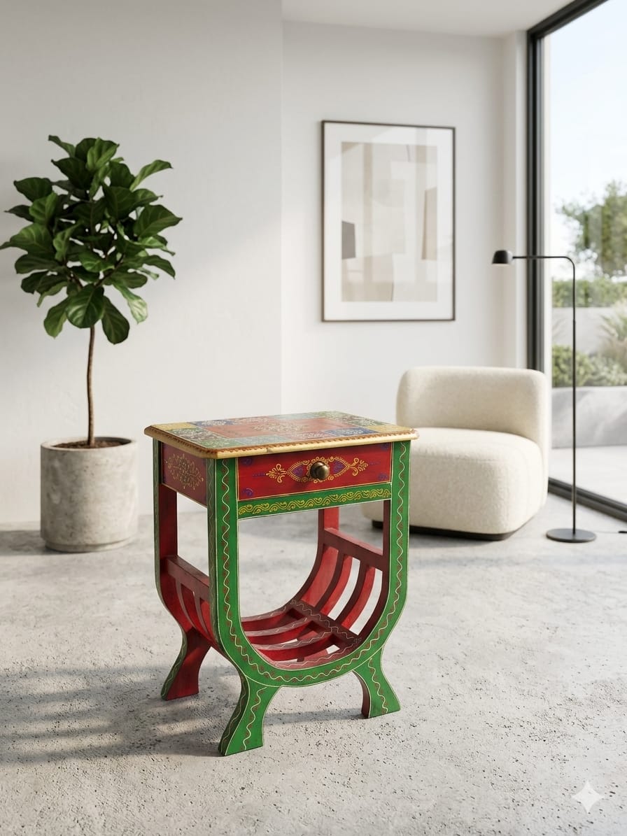 Hand-Painted Bohemian Accent Bedside Table
