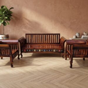 Sheesham Wood 5-Seater Sofa Set with Traditional Tile Work