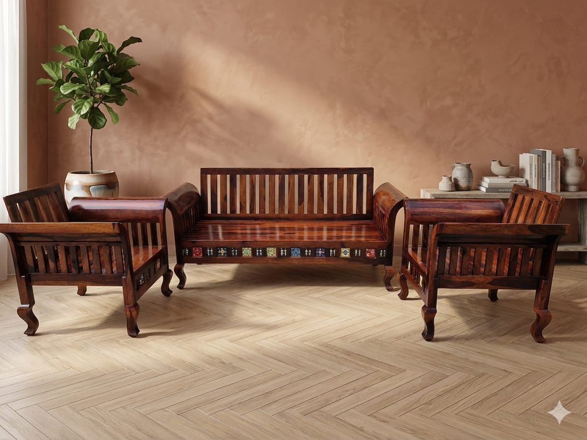 Sheesham Wood 5-Seater Sofa Set with Traditional Tile Work